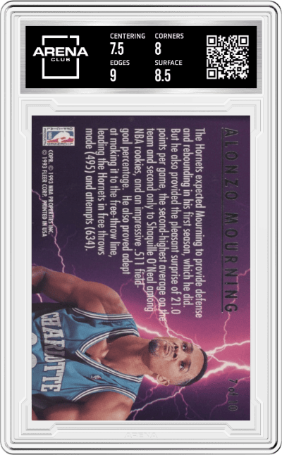Alonzo Mourning from the 1993-94 Fleer Ultra set graded by Arena Club and given an overall grade of 8.