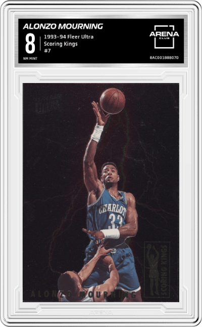 Alonzo Mourning from the 1993-94 Fleer Ultra set graded by Arena Club and given an overall grade of 8.