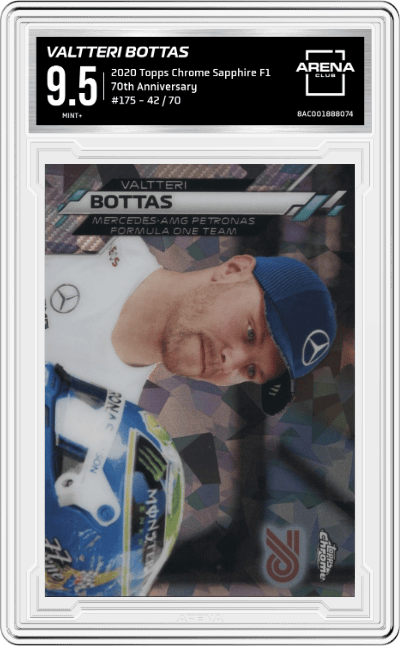 Valtteri Bottas from the 2020 Topps Chrome Sapphire Formula 1  set featuring a 70th Anniversary parallel graded by Arena Club and given an overall grade of 9.5.