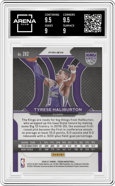 Tyrese Haliburton from the 2020-21 Panini Prizm set featuring a Green Prizm parallel graded by Arena Club and given an overall grade of 9.5.