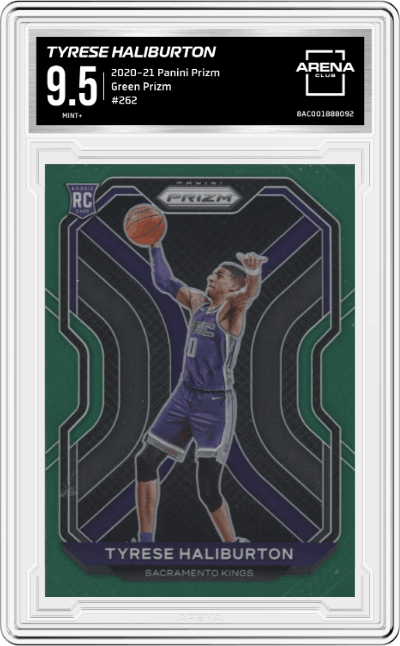 Tyrese Haliburton from the 2020-21 Panini Prizm set featuring a Green Prizm parallel graded by Arena Club and given an overall grade of 9.5.