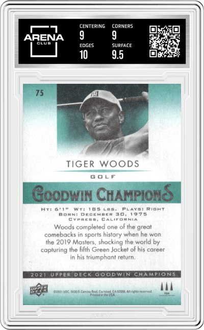 Tiger Woods from the 2021 Upper Deck Goodwin Champions set graded by Arena Club and given an overall grade of 9.5.