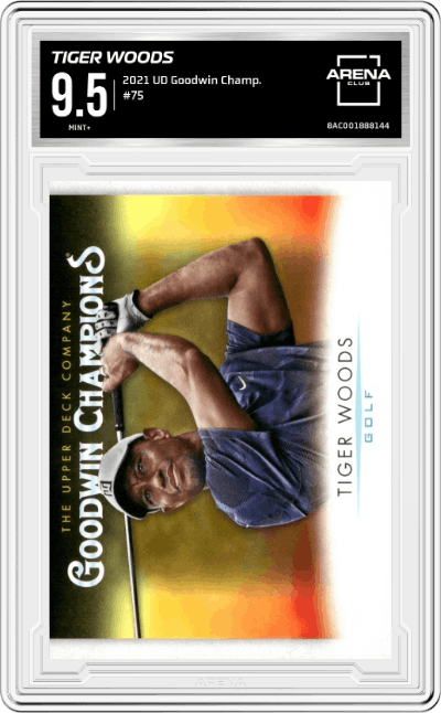 Tiger Woods from the 2021 Upper Deck Goodwin Champions set graded by Arena Club and given an overall grade of 9.5.