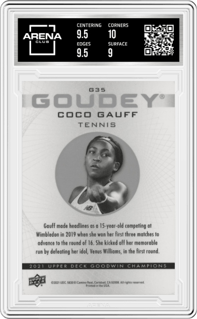 Coco Gauff from the 2021 Upper Deck Goodwin Champions set graded by Arena Club and given an overall grade of 9.5.