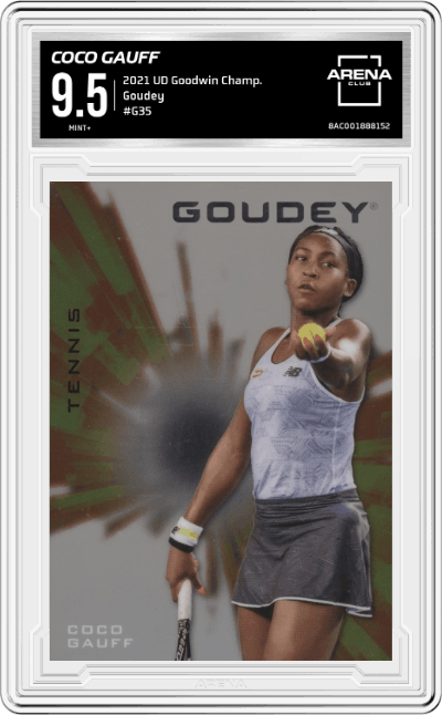 Coco Gauff from the 2021 Upper Deck Goodwin Champions set graded by Arena Club and given an overall grade of 9.5.