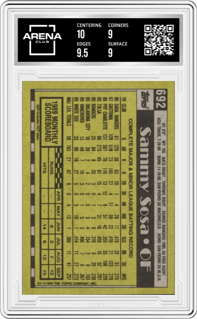 Sammy Sosa from the 1990 Topps set graded by Arena Club and given an overall grade of 9.5.