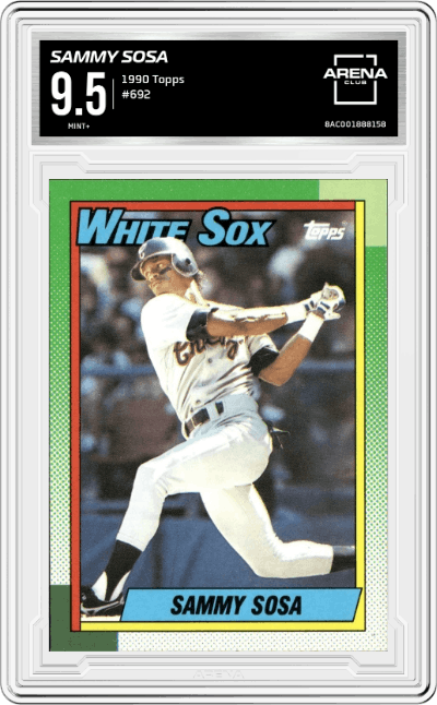 Sammy Sosa from the 1990 Topps set graded by Arena Club and given an overall grade of 9.5.