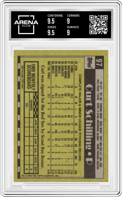 Curt Schilling from the 1990 Topps set graded by Arena Club and given an overall grade of 9.5.