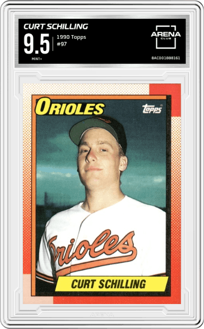Curt Schilling from the 1990 Topps set graded by Arena Club and given an overall grade of 9.5.
