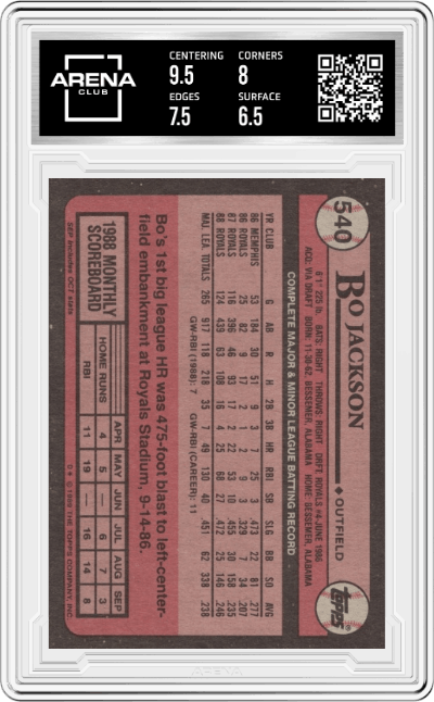 Bo Jackson from the 1989 Topps set graded by Arena Club and given an overall grade of 7.