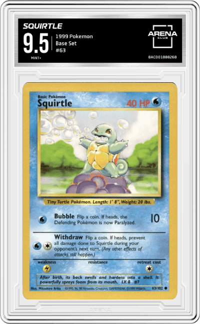 Squirtle from the 1999 Pokemon set graded by Arena Club and given an overall grade of 9.5.