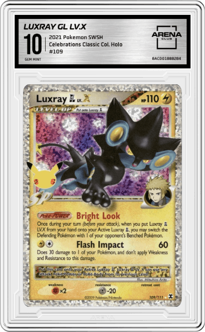 Luxray GL LV.X from the 2021 Pokemon SWSH set graded by Arena Club and given an overall grade of 10.