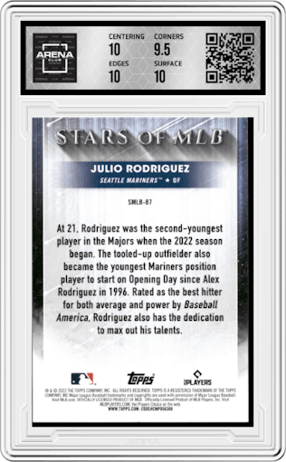 Julio Rodriguez from the 2022 Topps Update  set graded by Arena Club and given an overall grade of 10.