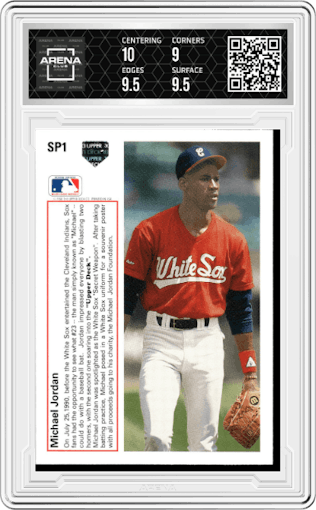 Michael Jordan from the 1991 Upper Deck set graded by Arena Club and given an overall grade of 9.5.