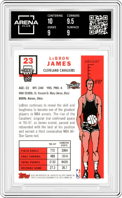 LeBron James from the 2007-08 Topps set graded by Arena Club and given an overall grade of 9.5.