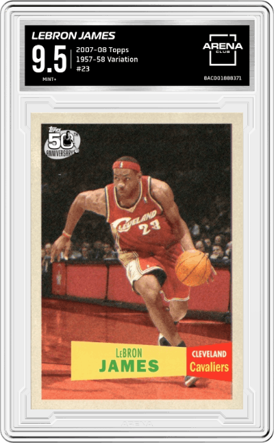 LeBron James from the 2007-08 Topps set graded by Arena Club and given an overall grade of 9.5.