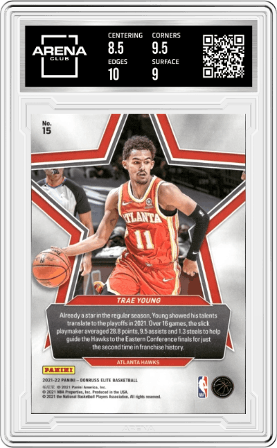 Trae Young from the 2021-22 Panini Donruss Elite  set featuring a Blue parallel graded by Arena Club and given an overall grade of 9.