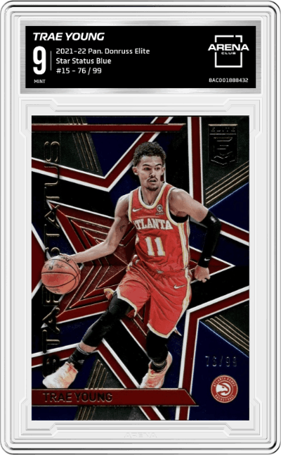 Trae Young from the 2021-22 Panini Donruss Elite  set featuring a Blue parallel graded by Arena Club and given an overall grade of 9.