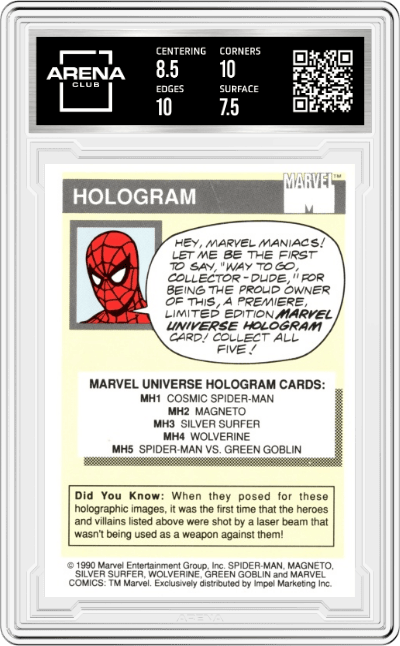 Magneto from the 1990 Impel Marvel Universe  set graded by Arena Club and given an overall grade of 8.