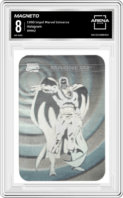 Magneto from the 1990 Impel Marvel Universe  set graded by Arena Club and given an overall grade of 8.
