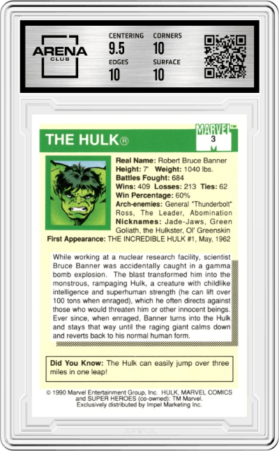 The Hulk from the 1990 Impel Marvel Universe  set graded by Arena Club and given an overall grade of 10.