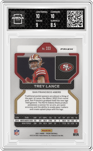 Trey Lance from the 2021 Panini Prizm set featuring a Red Ice parallel graded by Arena Club and given an overall grade of 9.