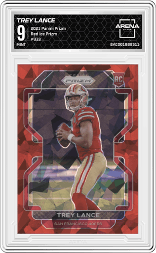 Trey Lance from the 2021 Panini Prizm set featuring a Red Ice parallel graded by Arena Club and given an overall grade of 9.
