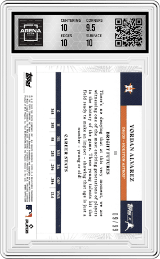 Yordan Alvarez from the 2022 Topps X Juan Soto set featuring a Silver parallel graded by Arena Club and given an overall grade of 10.