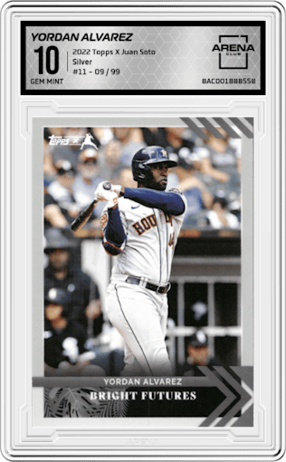 Yordan Alvarez from the 2022 Topps X Juan Soto set featuring a Silver parallel graded by Arena Club and given an overall grade of 10.