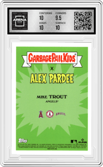 Blowout Trout from the 2022 Topps GPK X MLB Garbage Pail Kids  Series 1 & Series 2 set featuring a S2 Foil Baseball Stitching parallel graded by Arena Club and given an overall grade of 10.