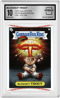 Blowout Trout from the 2022 Topps GPK X MLB Garbage Pail Kids  Series 1 & Series 2 set featuring a S2 Foil Baseball Stitching parallel graded by Arena Club and given an overall grade of 10.