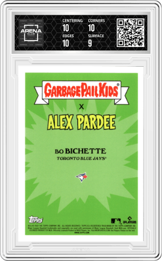 Bo Constrictor from the 2022 Topps X MLB Garbage Pail Kids set featuring a Green Foil  parallel graded by Arena Club and given an overall grade of 9.5.