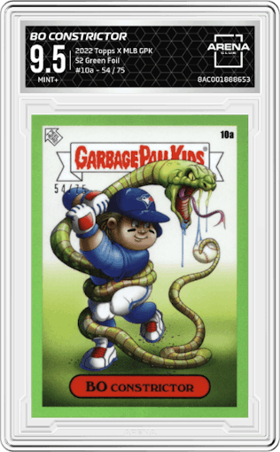 Bo Constrictor from the 2022 Topps X MLB Garbage Pail Kids set featuring a Green Foil  parallel graded by Arena Club and given an overall grade of 9.5.