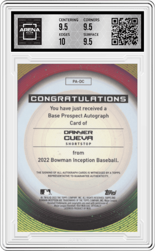 Danyer Cueva from the 2022 Bowman Inception set graded by Arena Club and given an overall grade of 10.