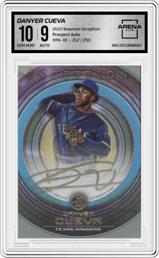 Danyer Cueva from the 2022 Bowman Inception set graded by Arena Club and given an overall grade of 10.