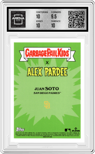 Juan Soto from the 2022 Topps X MLB Garbage Pail Kids set graded by Arena Club and given an overall grade of 10.