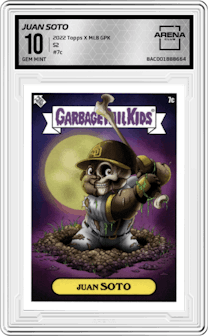 Juan Soto from the 2022 Topps X MLB Garbage Pail Kids set graded by Arena Club and given an overall grade of 10.