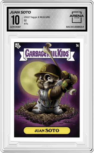 Juan Soto from the 2022 Topps X MLB Garbage Pail Kids set graded by Arena Club and given an overall grade of 10.