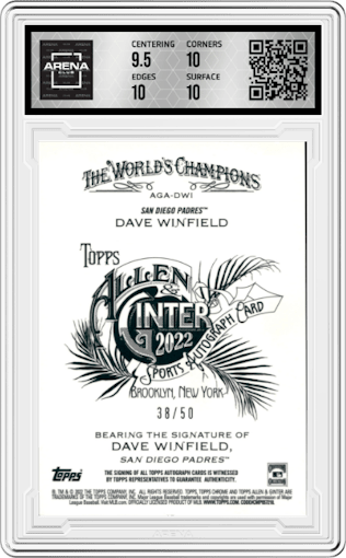 Dave Winfield from the 2022 Topps Allen & Ginter Chrome set featuring a Gold Refractor parallel graded by Arena Club and given an overall grade of 10.