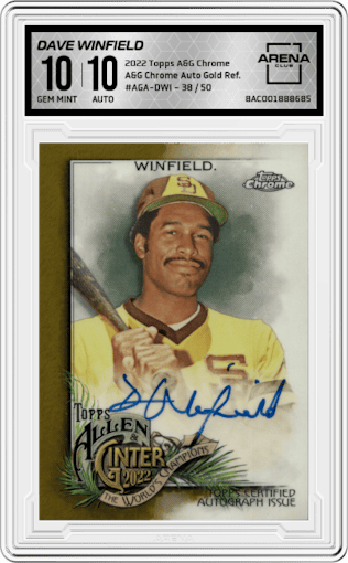 Dave Winfield from the 2022 Topps Allen & Ginter Chrome set featuring a Gold Refractor parallel graded by Arena Club and given an overall grade of 10.