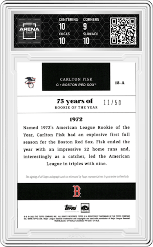 Carlton Fisk from the 2022 Topps MLB Rookie of the Year 75th Anniversary set featuring a Emerald parallel graded by Arena Club and given an overall grade of 9.5.