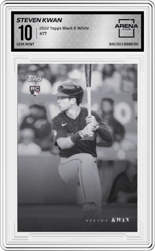 Steven Kwan from the 2022 Topps Black & White set graded by Arena Club and given an overall grade of 10.