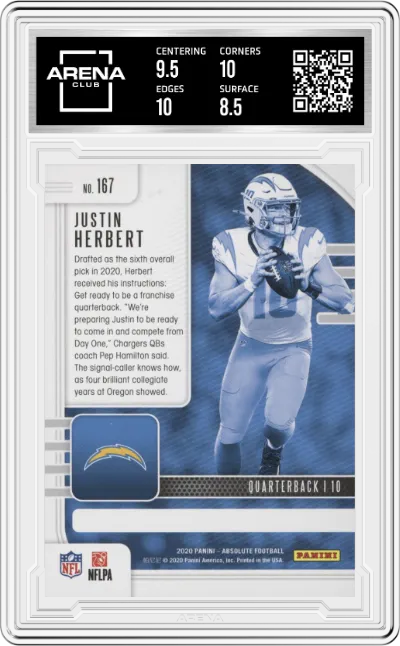 Justin Herbert from the 2020 Panini Absolute set graded by Arena Club and given an overall grade of 9.