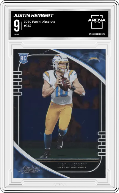 Justin Herbert from the 2020 Panini Absolute set graded by Arena Club and given an overall grade of 9.