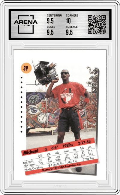 Michael Jordan from the 1991-92 Skybox set graded by Arena Club and given an overall grade of 10.