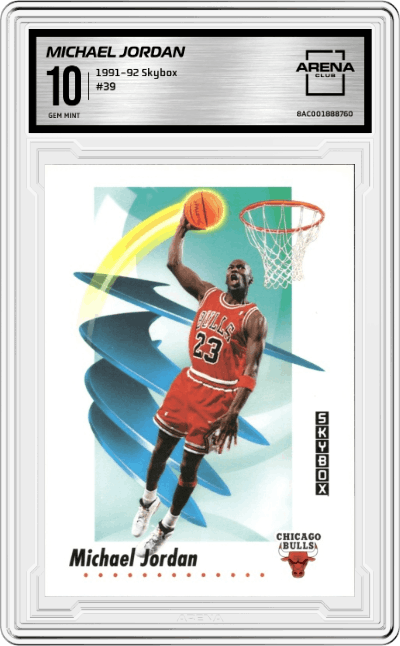 Michael Jordan from the 1991-92 Skybox set graded by Arena Club and given an overall grade of 10.