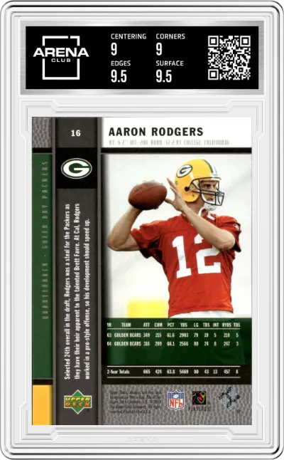 Aaron Rodgers from the 2005 Upper Deck Rookie Premiere set featuring a Gold parallel graded by Arena Club and given an overall grade of 9.5.