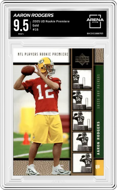 Aaron Rodgers from the 2005 Upper Deck Rookie Premiere set featuring a Gold parallel graded by Arena Club and given an overall grade of 9.5.