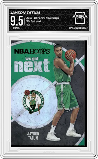 Jayson Tatum from the 2017-18 Panini NBA Hoops Basketball set graded by Arena Club and given an overall grade of 9.5.