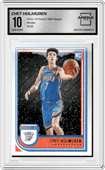Chet Holmgren from the 2022-23 Panini NBA Hoops set featuring a Winter parallel graded by Arena Club and given an overall grade of 10.